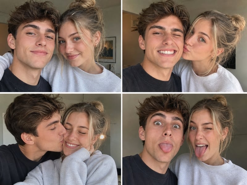 A four panel collage of a young couple generated by Fotor AI couple photo maker free online