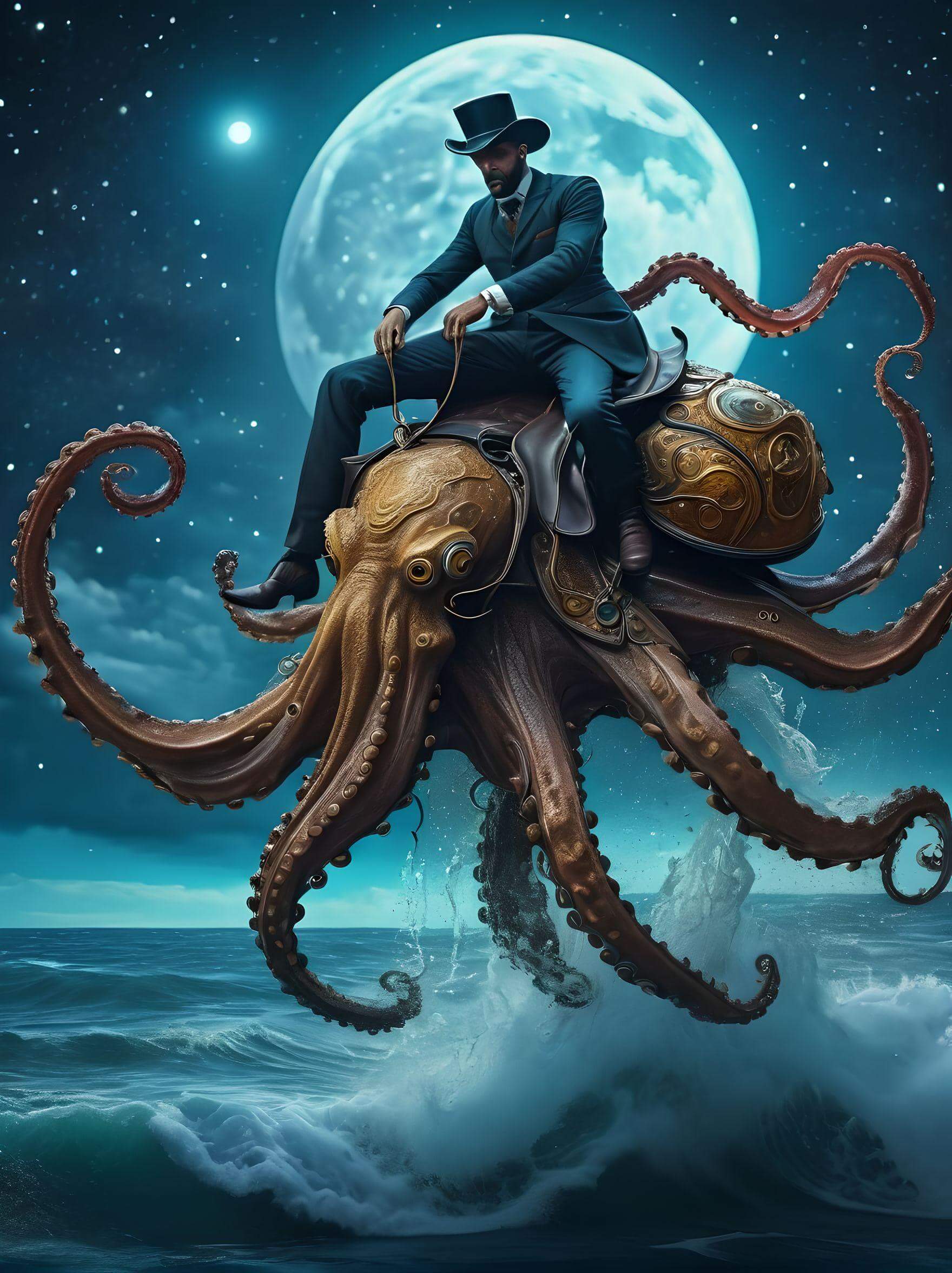A gentleman wears this suit and rides an octopus out to sea generated by Fotor AI
