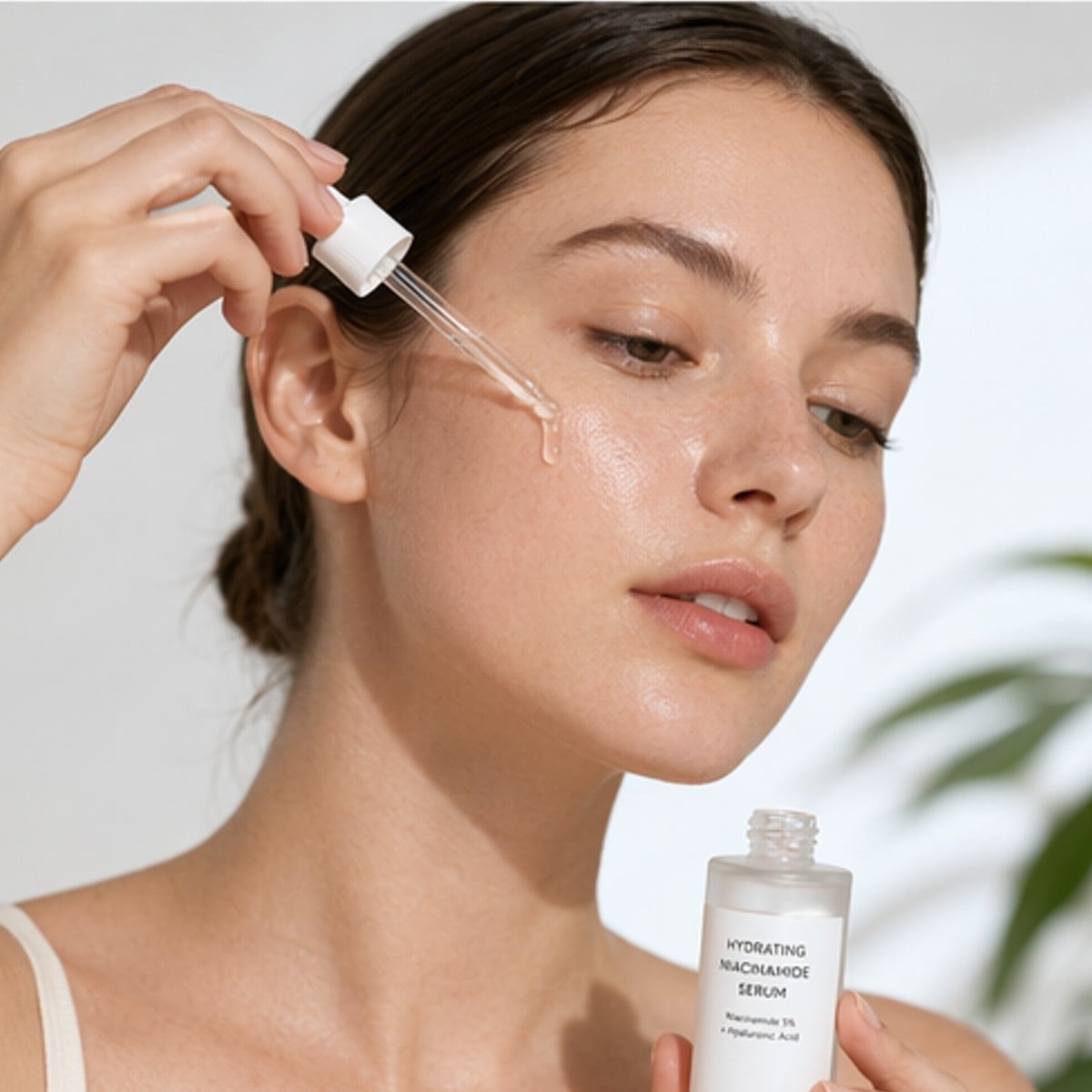 A lifestyle scene image showing a woman is using the skincare product