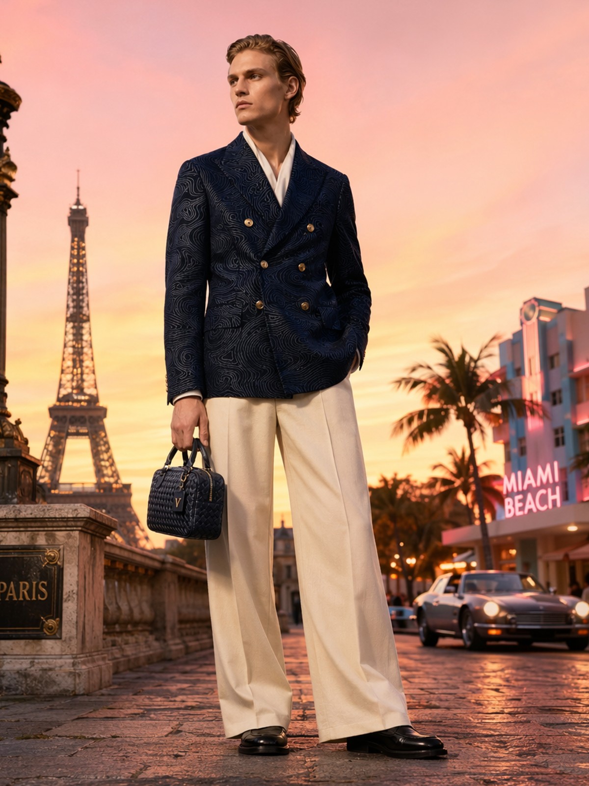 A male lookbook image showing a man wearing casual suite generated by free Midjourney ai image generator