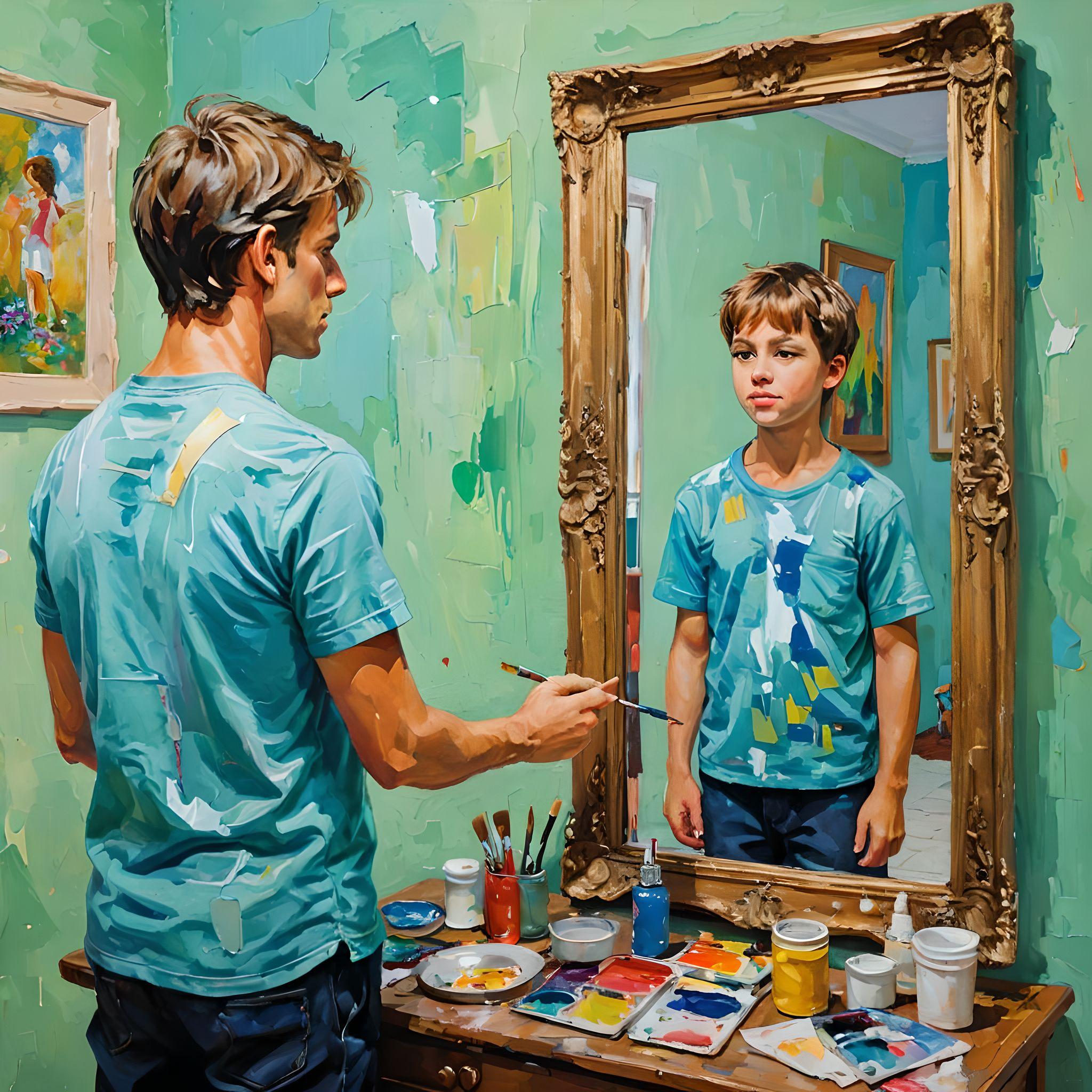 AI artwork prompt: A man stands in front of a mirror and in the mirror is his childhood self