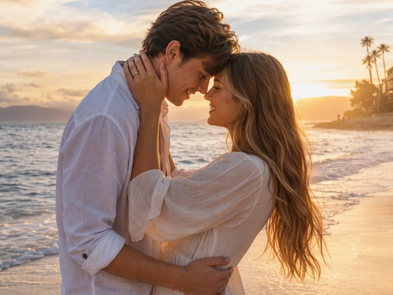 A romantic couple photo on a beach at a golden hour generated by Fotor AI couple photo maker free online