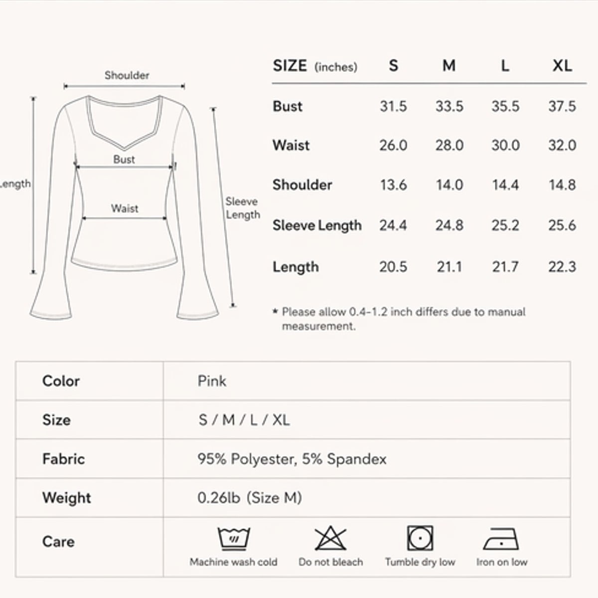 A specs and material image of a pink womens long sleeved pink top