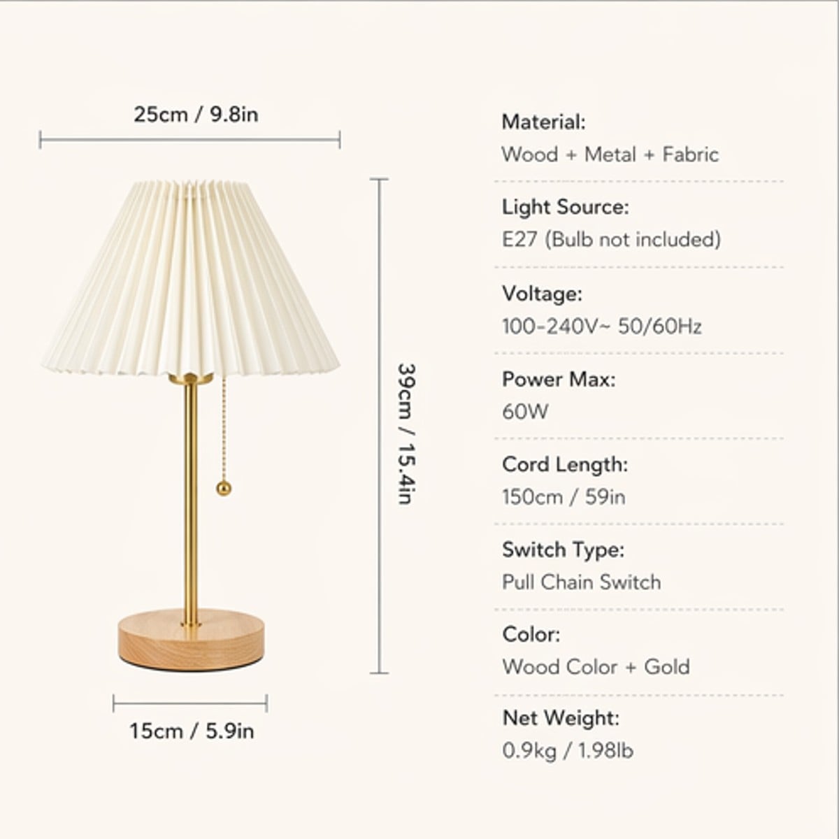 A specs and materials infographics of the table lamp