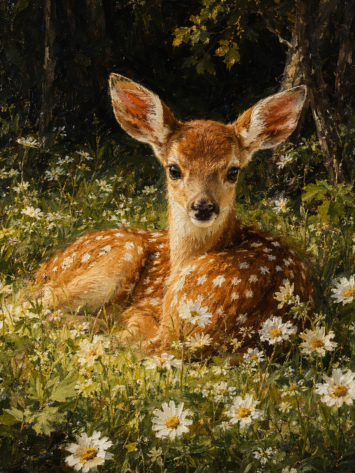 A watercolor style sika deer sitting amongst the flowers generated by Midjourney AI image generator