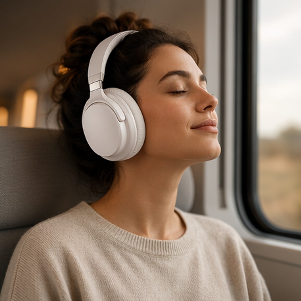 A woman wearing a white headphone