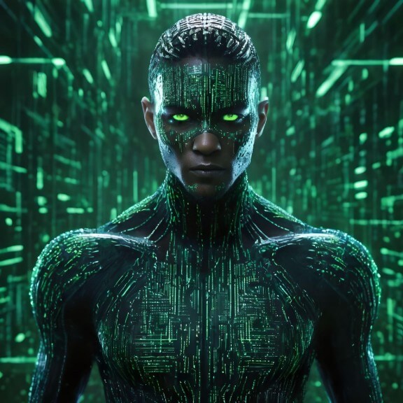 https://imgv3.fotor.com/images/cover-photo-image/AI-generated-digital-art-of-a-avatar-figure-with-green-eyes-and-black-skin-adorned-with-glowing-green-digital-patterns-set-against-a-backdrop-of-green-code-like-streams.jpg