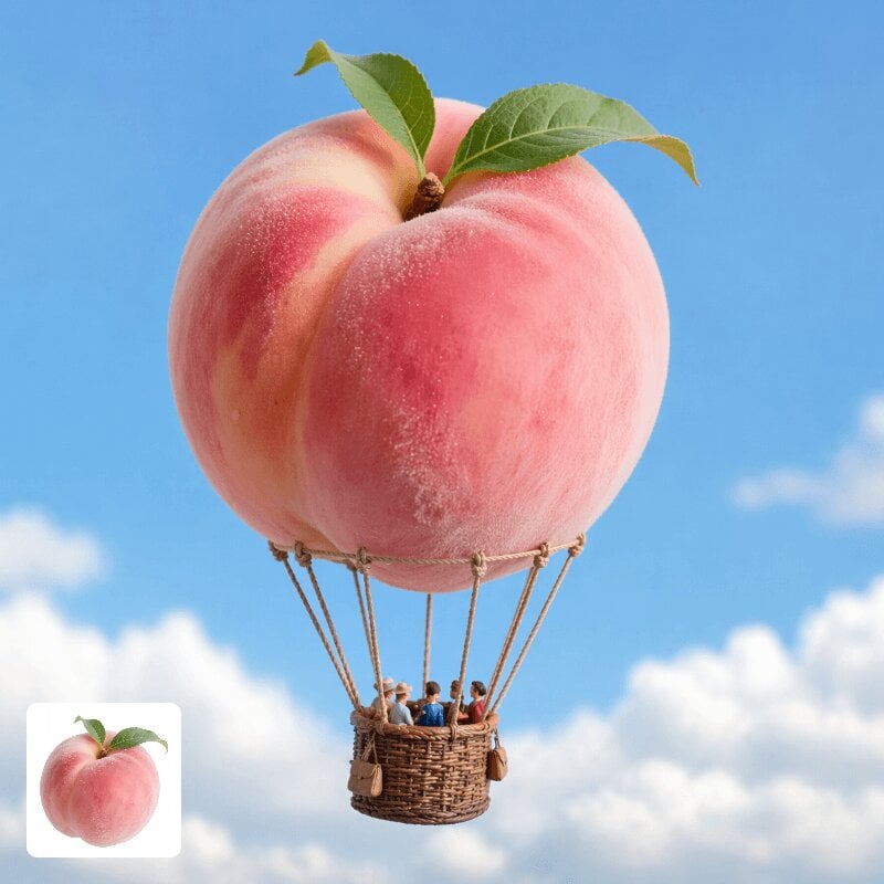 AI generated fantasy artwork of a giant peach floating as a hot air balloon