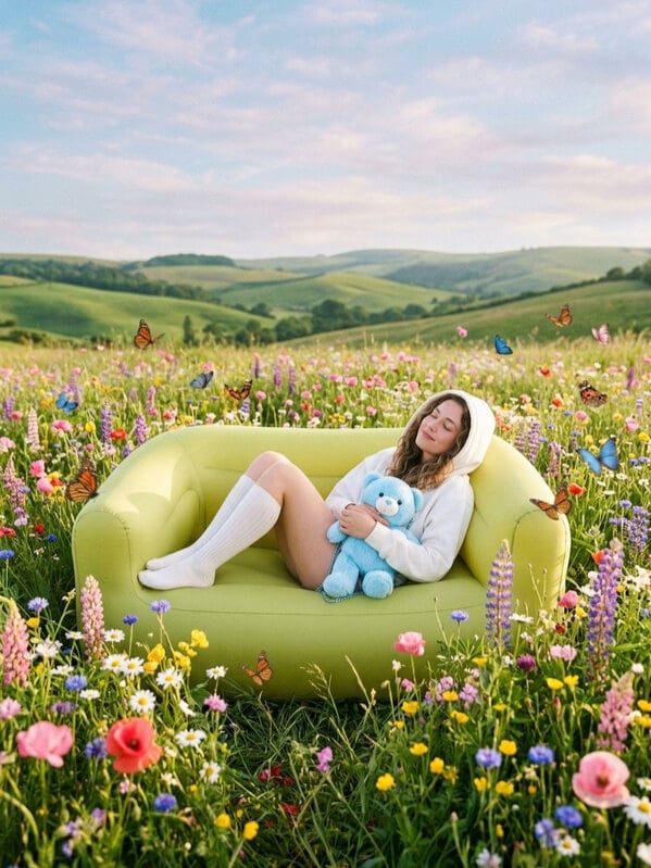 AI generated lifestyle photo of a woman relaxing on a sofa in a colorful flower field