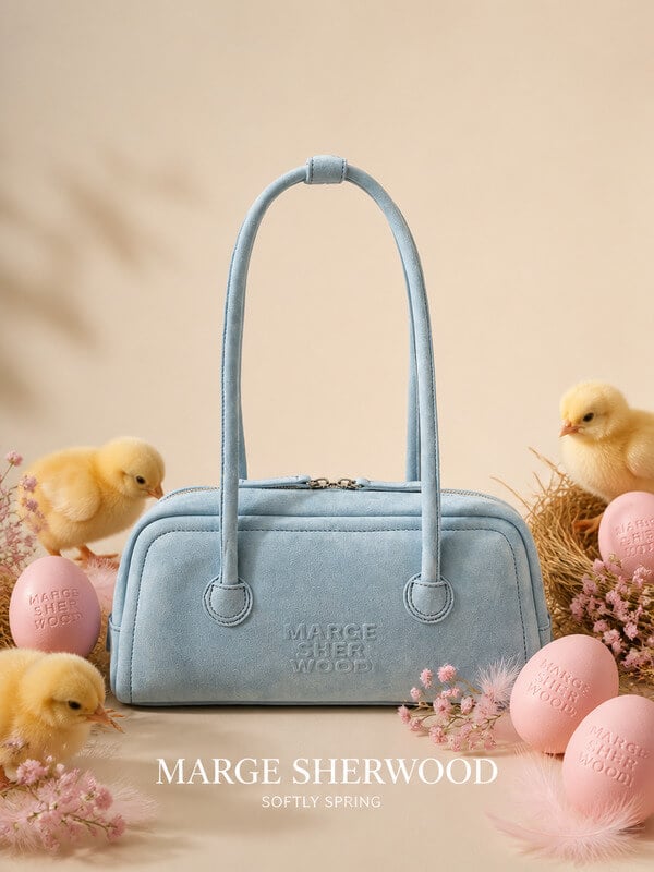 AI generated luxury handbag product photography with pastel colors and spring themed styling