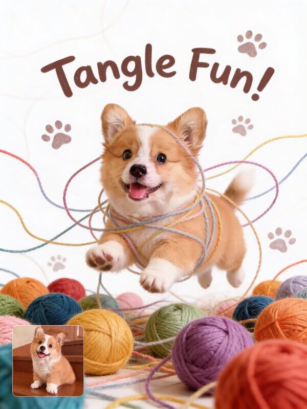AI generated pet illustration poster featuring a corgi surrounded by colorful yarn balls