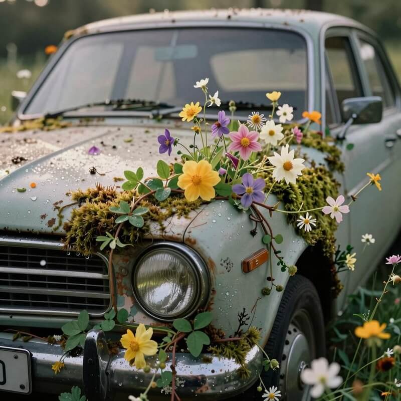 AI generated vintage car covered with colorful flowers in a dreamy outdoor setting
