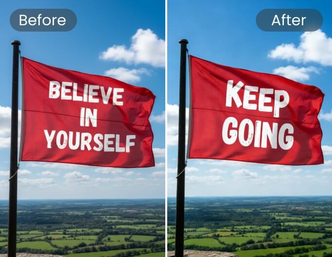 AI image editing prompt example of editing and replacing text in an image while maintaining the original style and context using Fotor AI photo editor