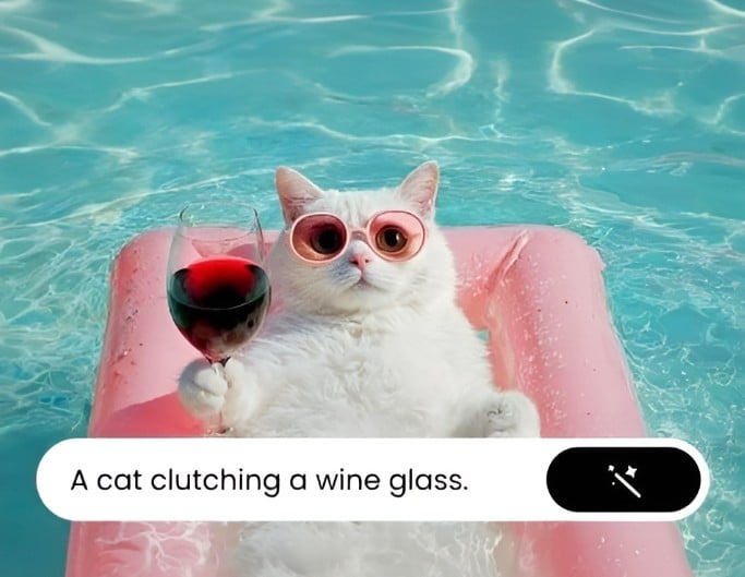AI image generation from text prompt example of a cat holding a wine glass in a swimming pool