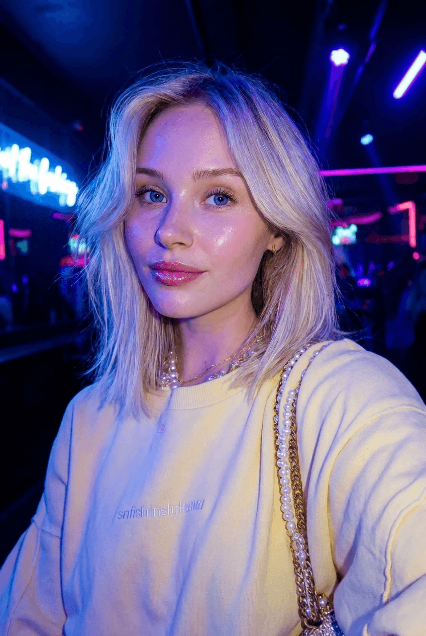 Add an intense neon club flash effect to the female portrait