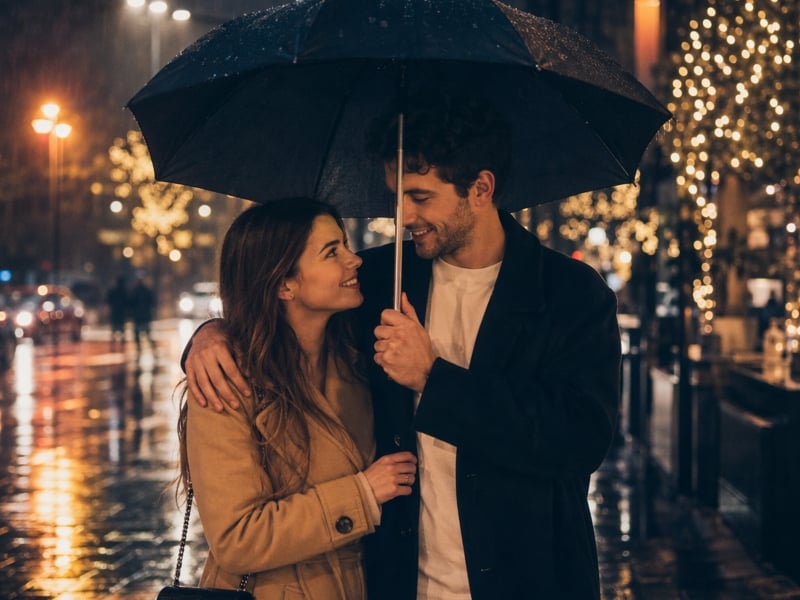 An AI couple photo showing a duo walking on a rainy city street generated by Fotor AI couple photo maker free online