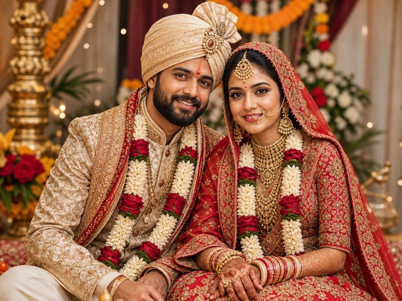 An Indian couple photo showing birde and groom in traditional wedding attire generated by Fotor AI couple photo maker free online
