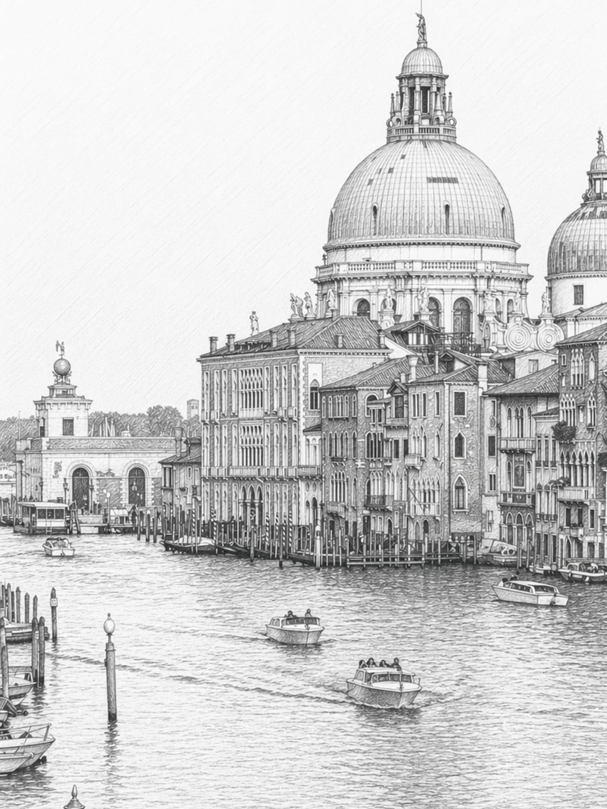 Black and white detailed drawing of Venice canal with Basilica and boats generated by Midjourney