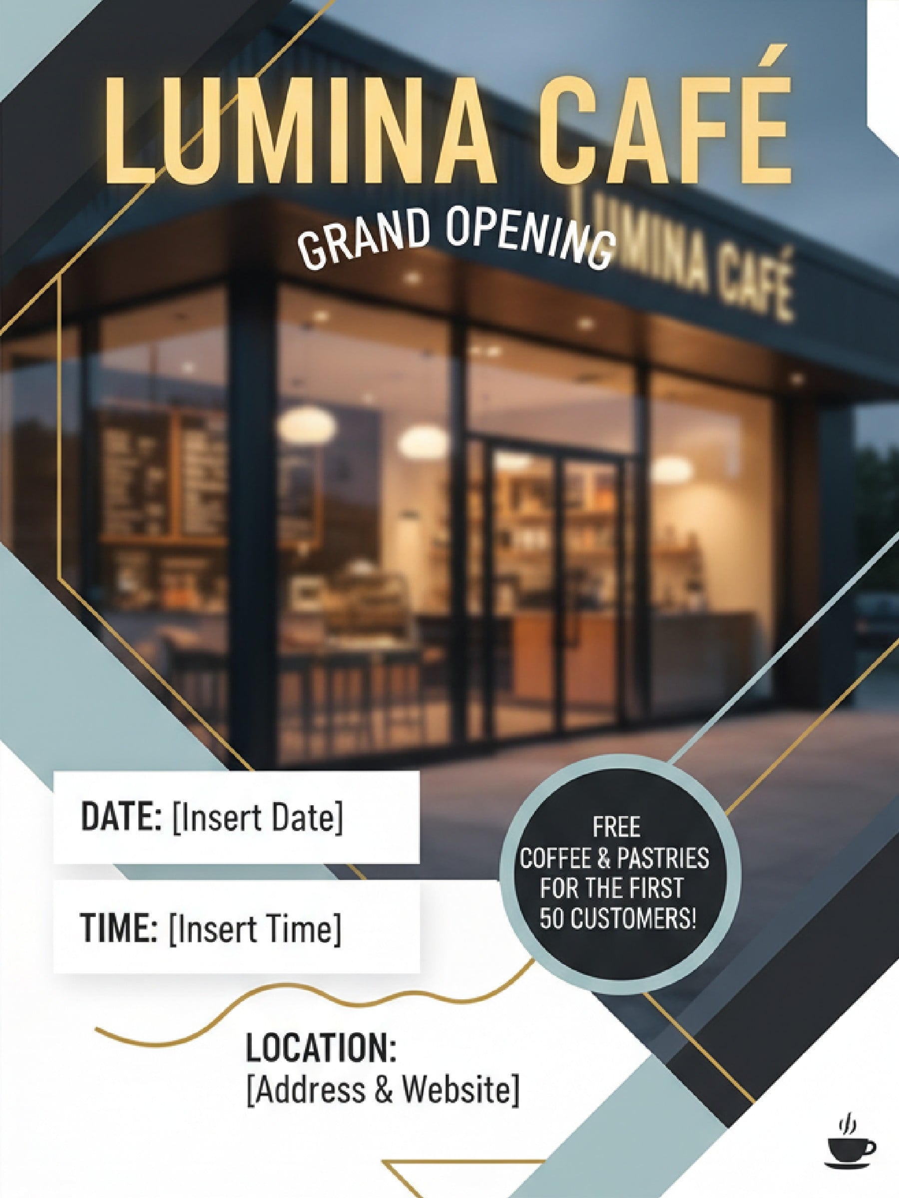 Cafe grand opening announcement flyer with modern cafe storefront background AI generated by Fotor