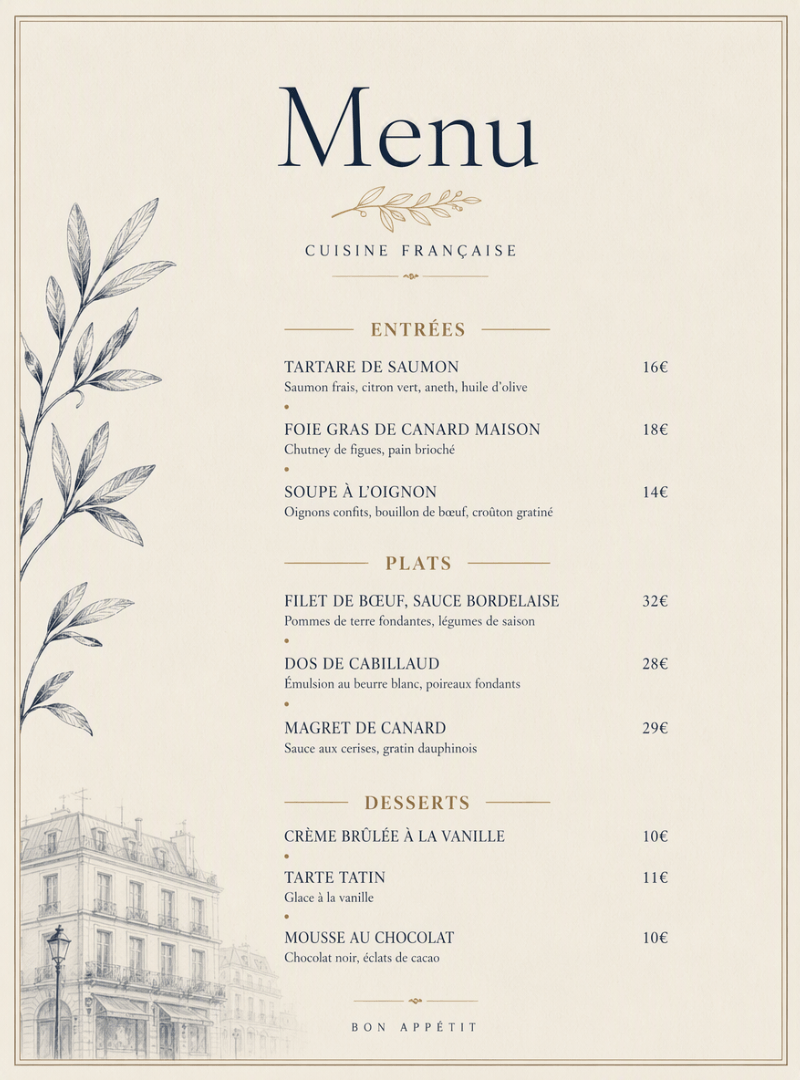 Carte de menu restaurant gratuite à personnaliser