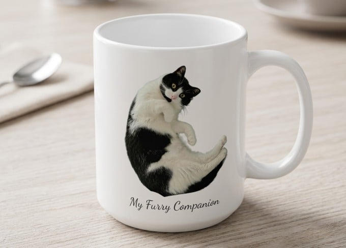 Cat cutout image used in a custom mug design