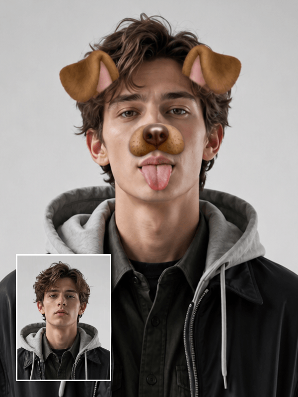 Effet oreilles de chien rigolo appliqué via un filtre photo de visage IA