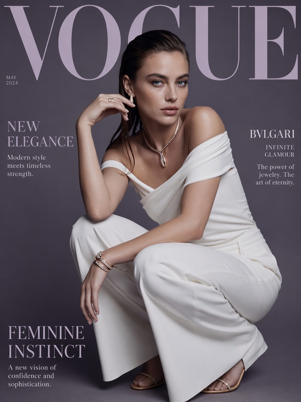 Fashion model on a Vogue magazine cover May 2024 issue elegant woman in white off shoulder outfit generated by Midjourney