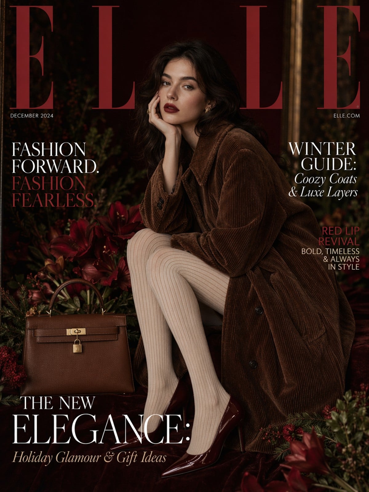 Fashion model on an Elle magazine cover December 2024 issue stylish woman in rich brown corduroy coat generated by Midjourney
