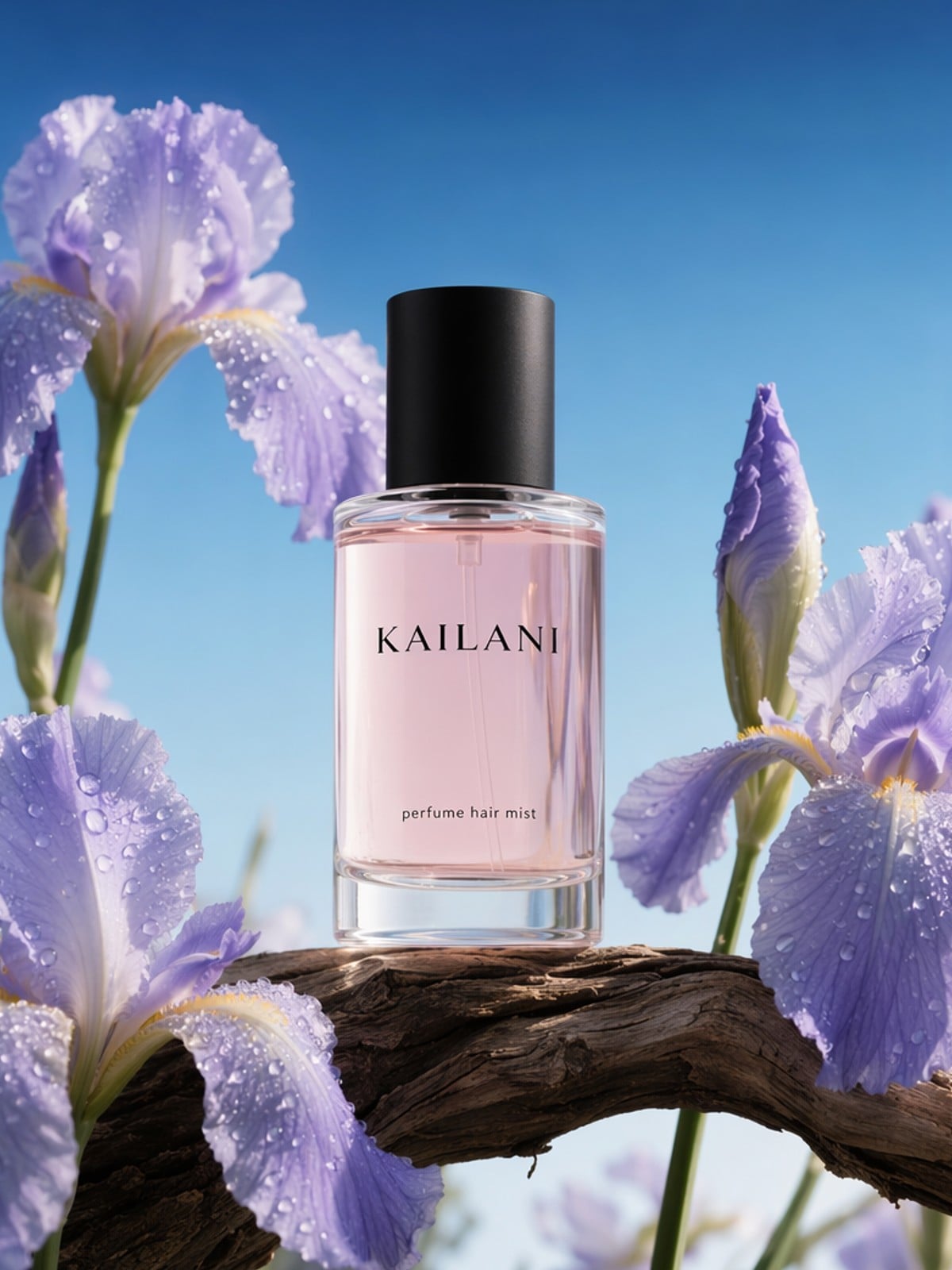 Kailani perfume hair mist bottle surrounded by purple iris flowers generated by Midjourney