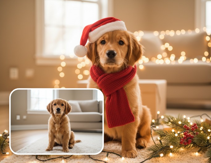 Make Christmas portrait for lovely dog with AI pet portrait maker