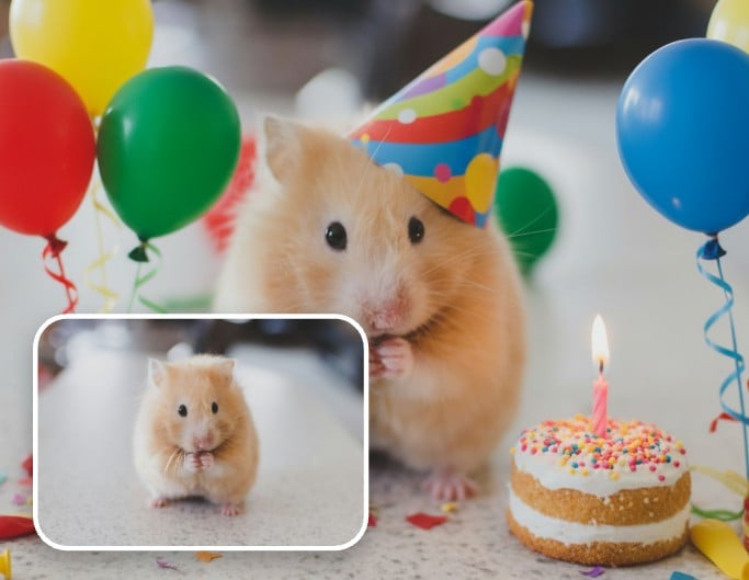 Make a birthday portrait for the cute mouse with AI pet portrait generator