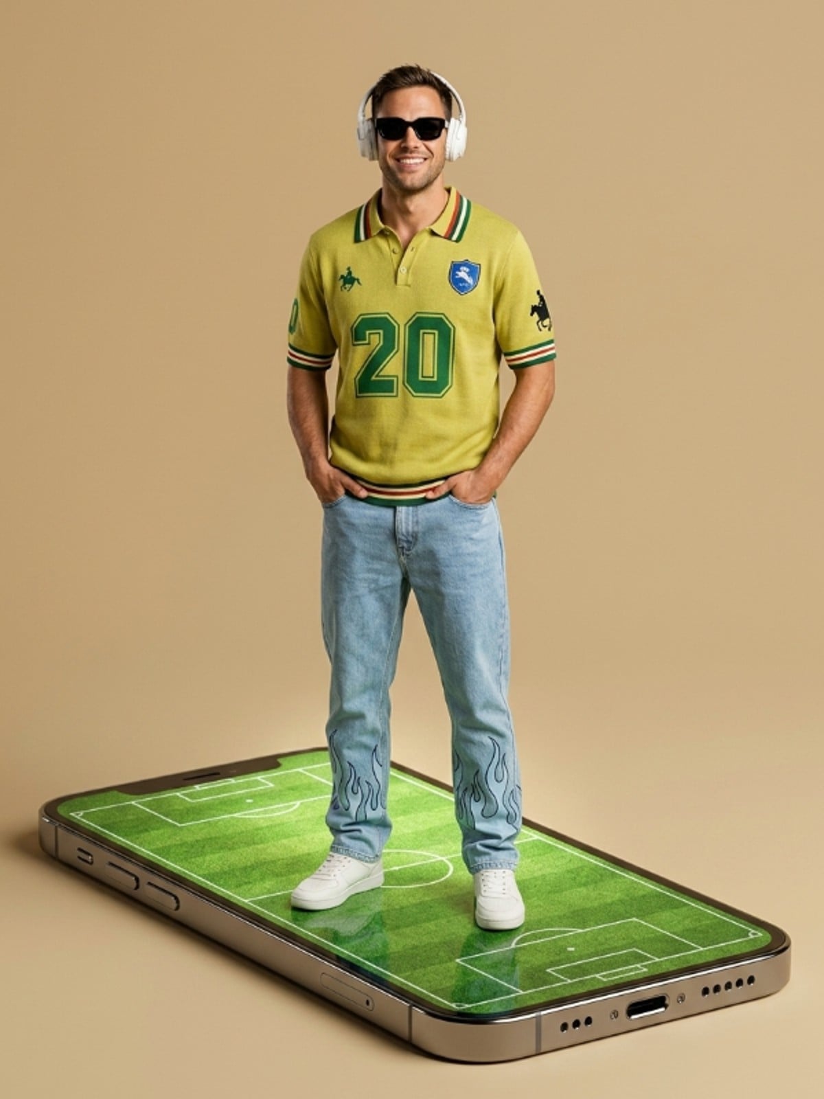 Man wearing yellow polo shirt and headphones standing on giant smartphone with football field generated by Midjourney