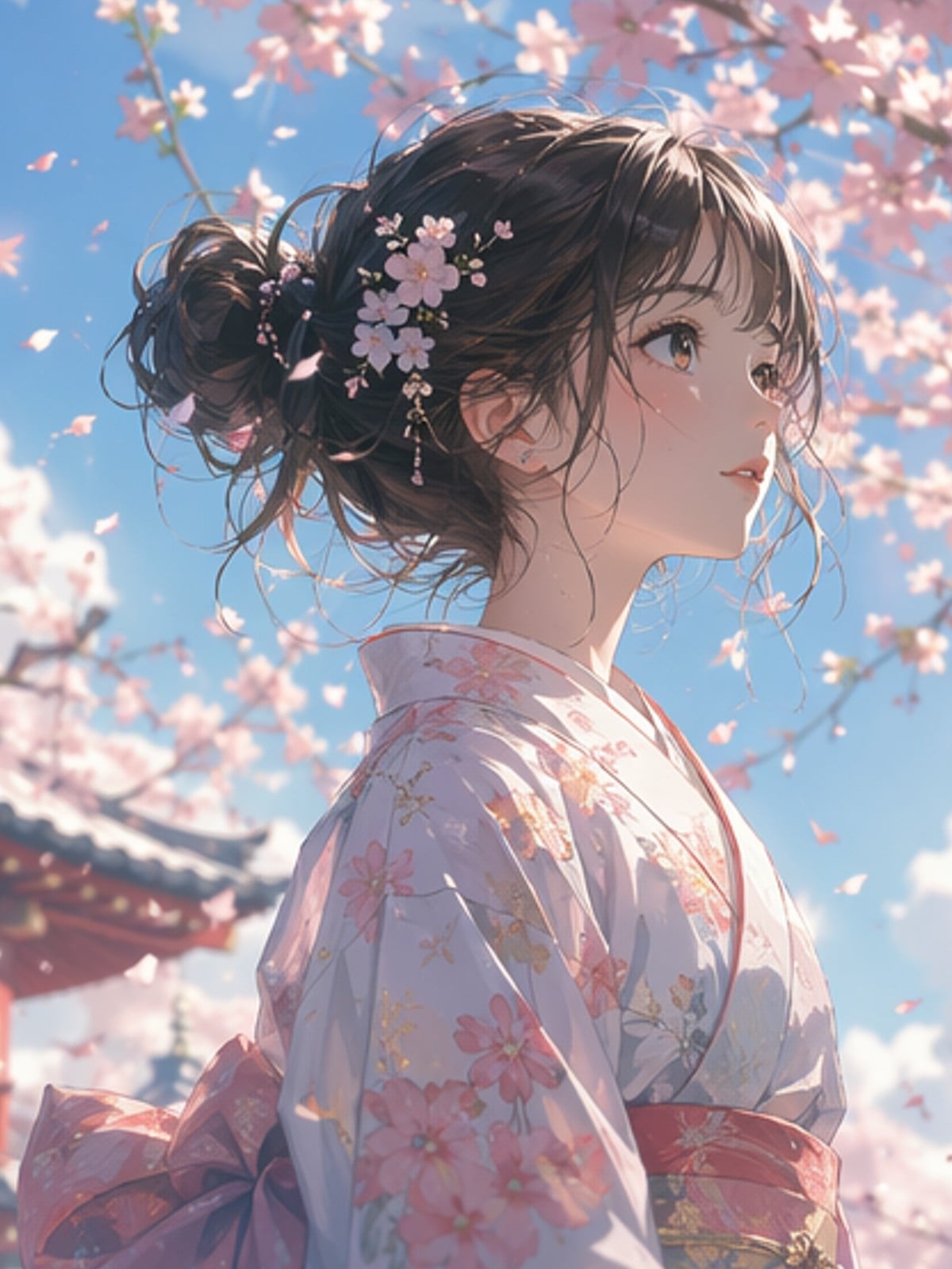 Midjourney AI image generator creates an anime style image showing a girl in a pink kimono
