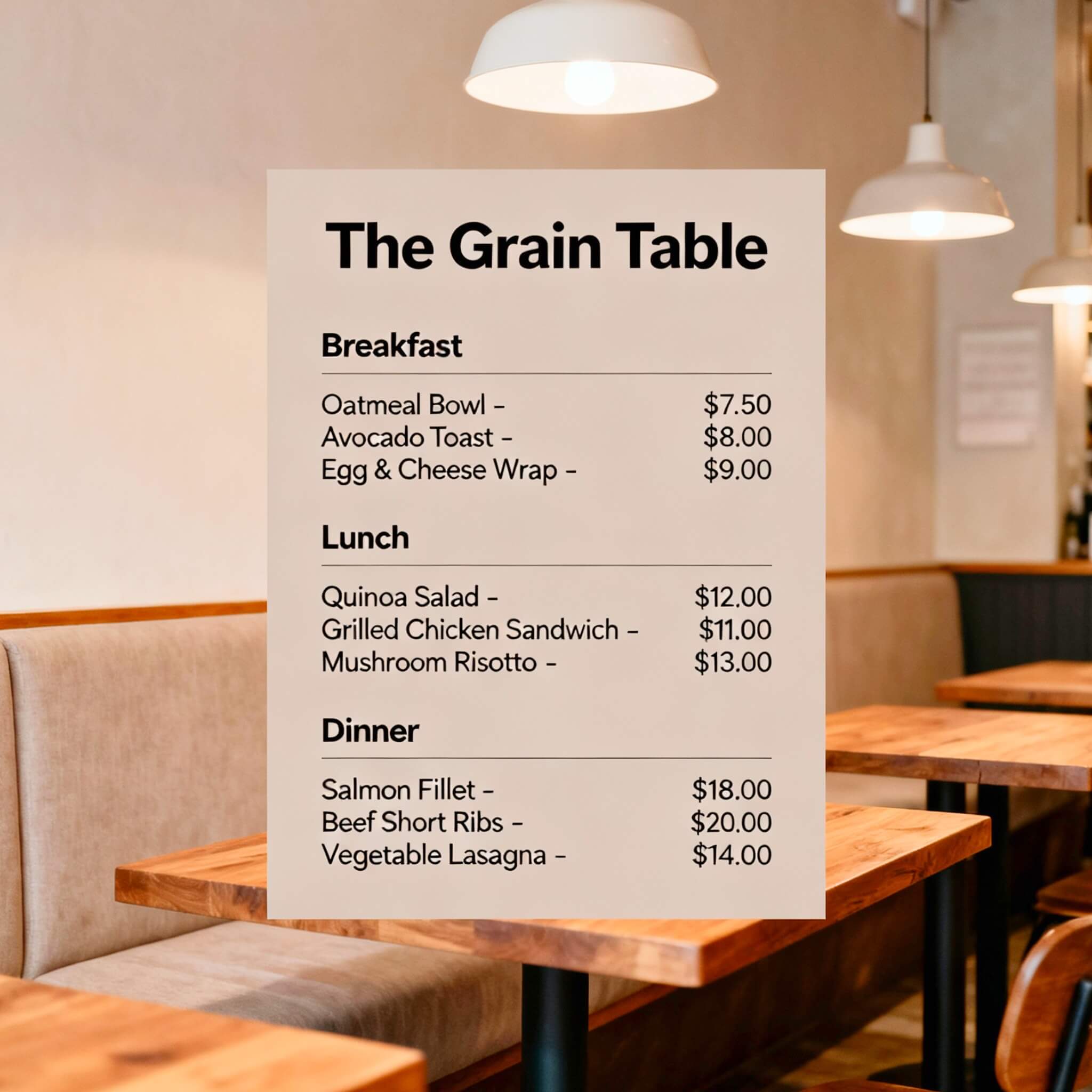 Speisekarte von modernem Bistro