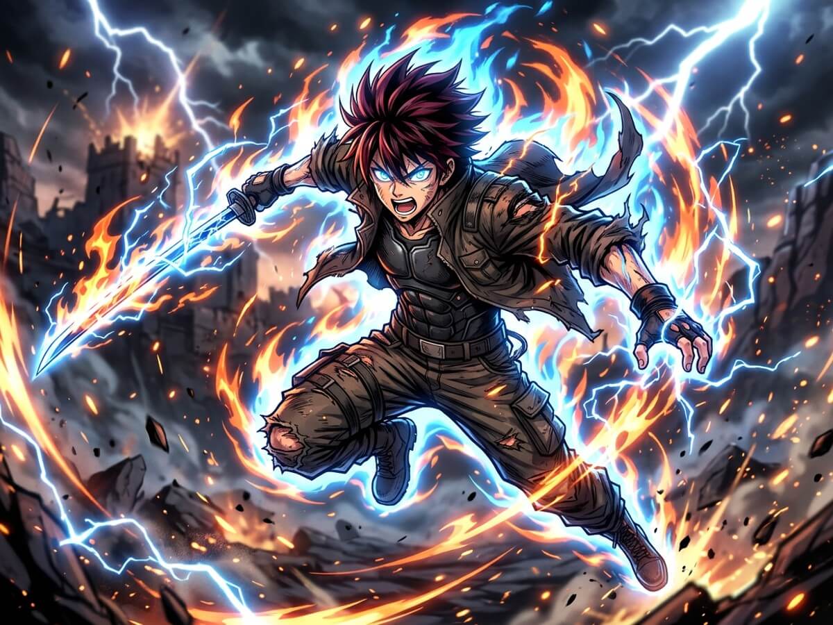 Modern Shonen anime protagonist style with high octane energy