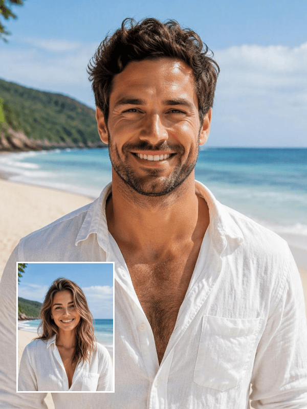 Portrait à la plage retouché avec un filtre photo de visage IA