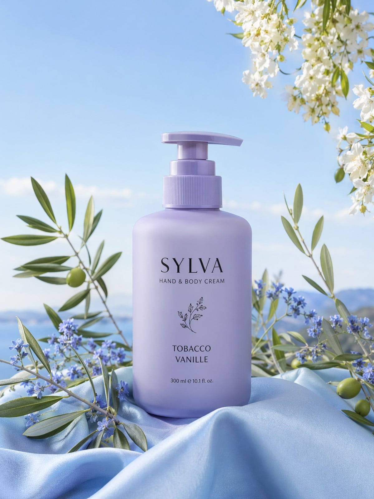 Purple Sylva hand and body cream bottle with tobacco vanilla scent surrounded by flowers generated by Midjourney
