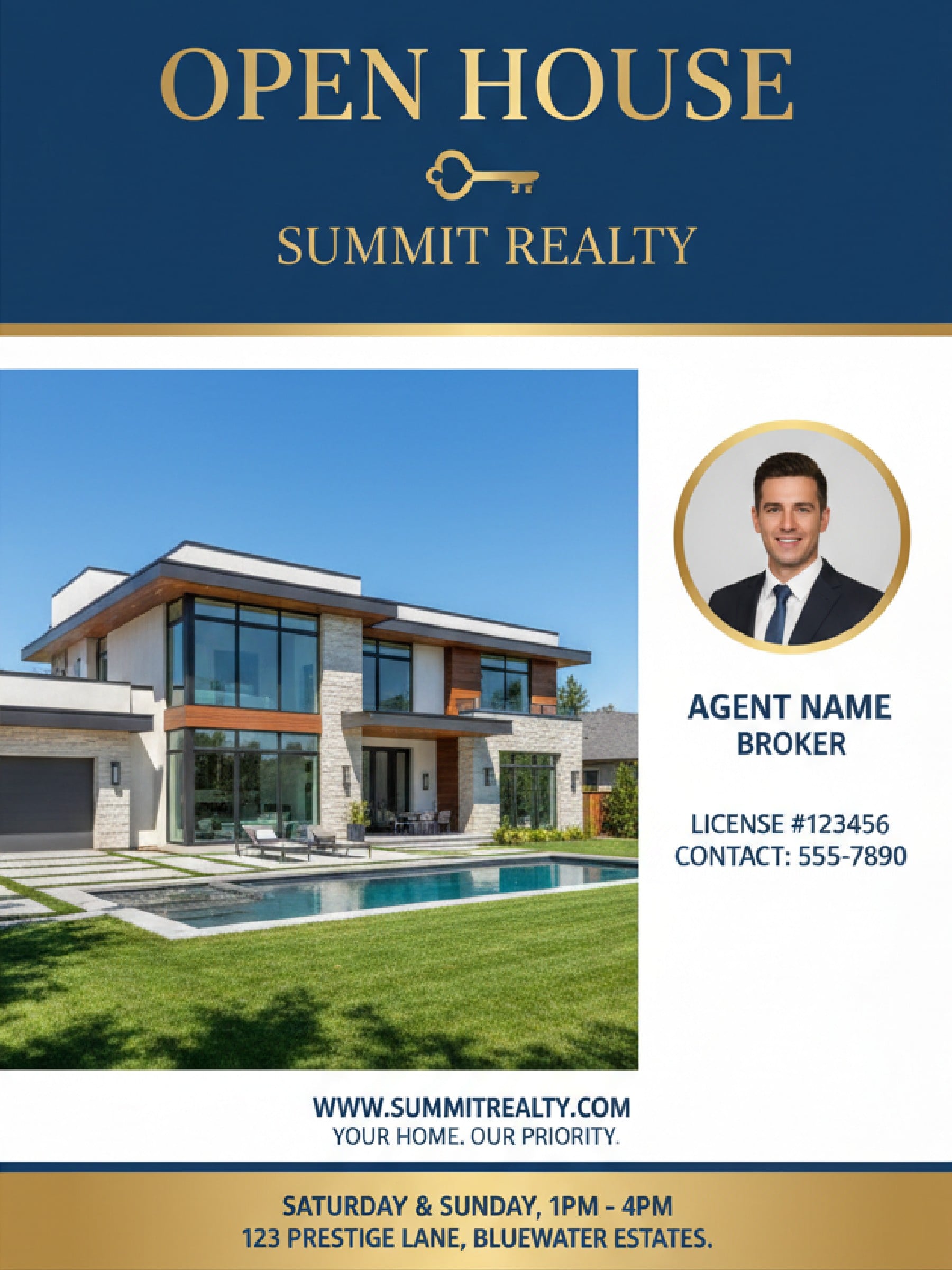 Real Estate open house flyer featuring a modern luxury house and professional layout created by Fotor AI