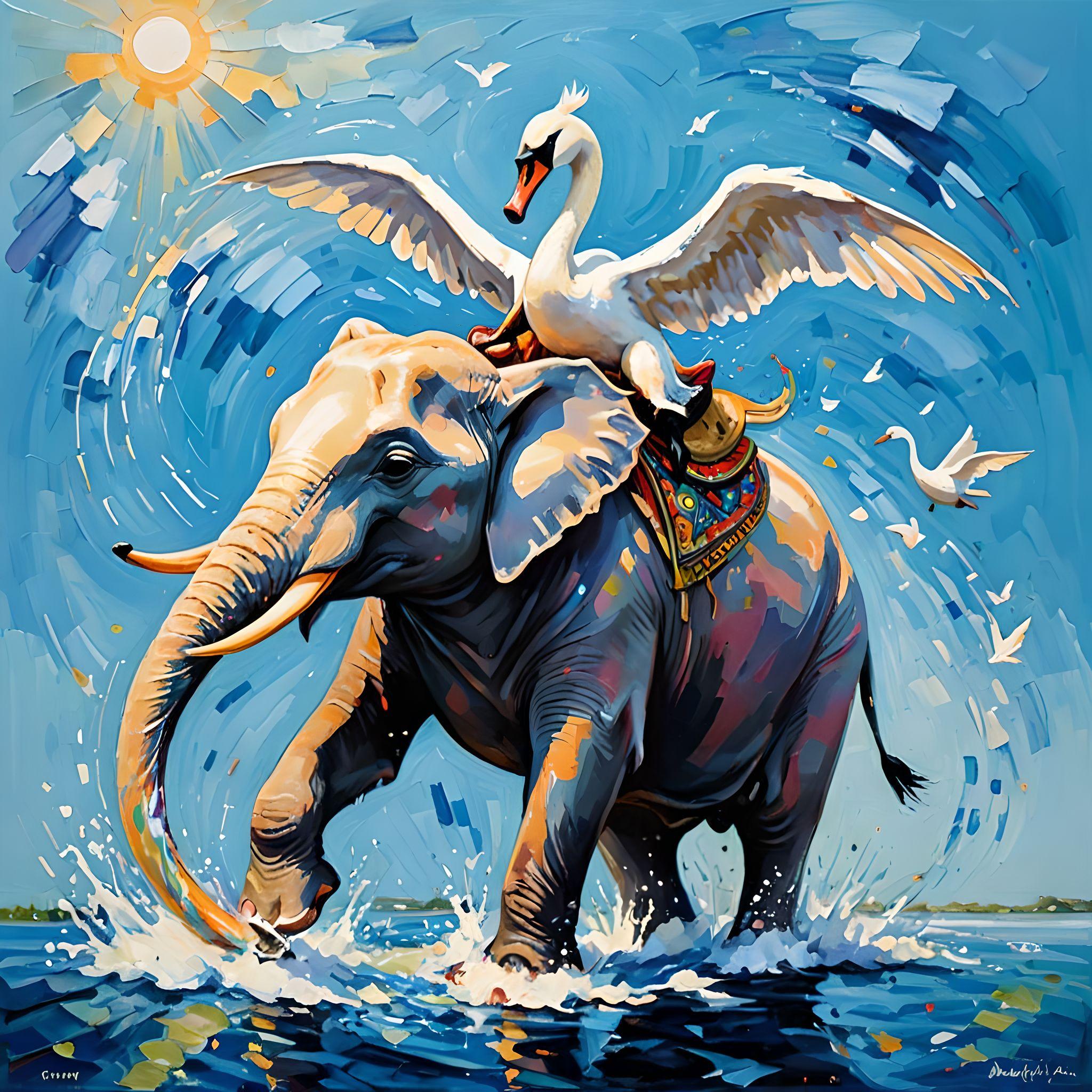 AI artwork prompt: Swan riding an elephant