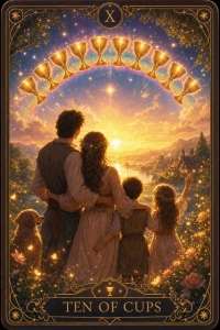 Ten of Cups tarot card in magical glow style