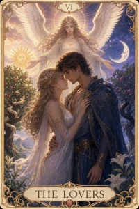 The Lovers tarot card in fantasy and romantic style
