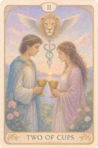 Two of Cups tarot card in soft pastel style