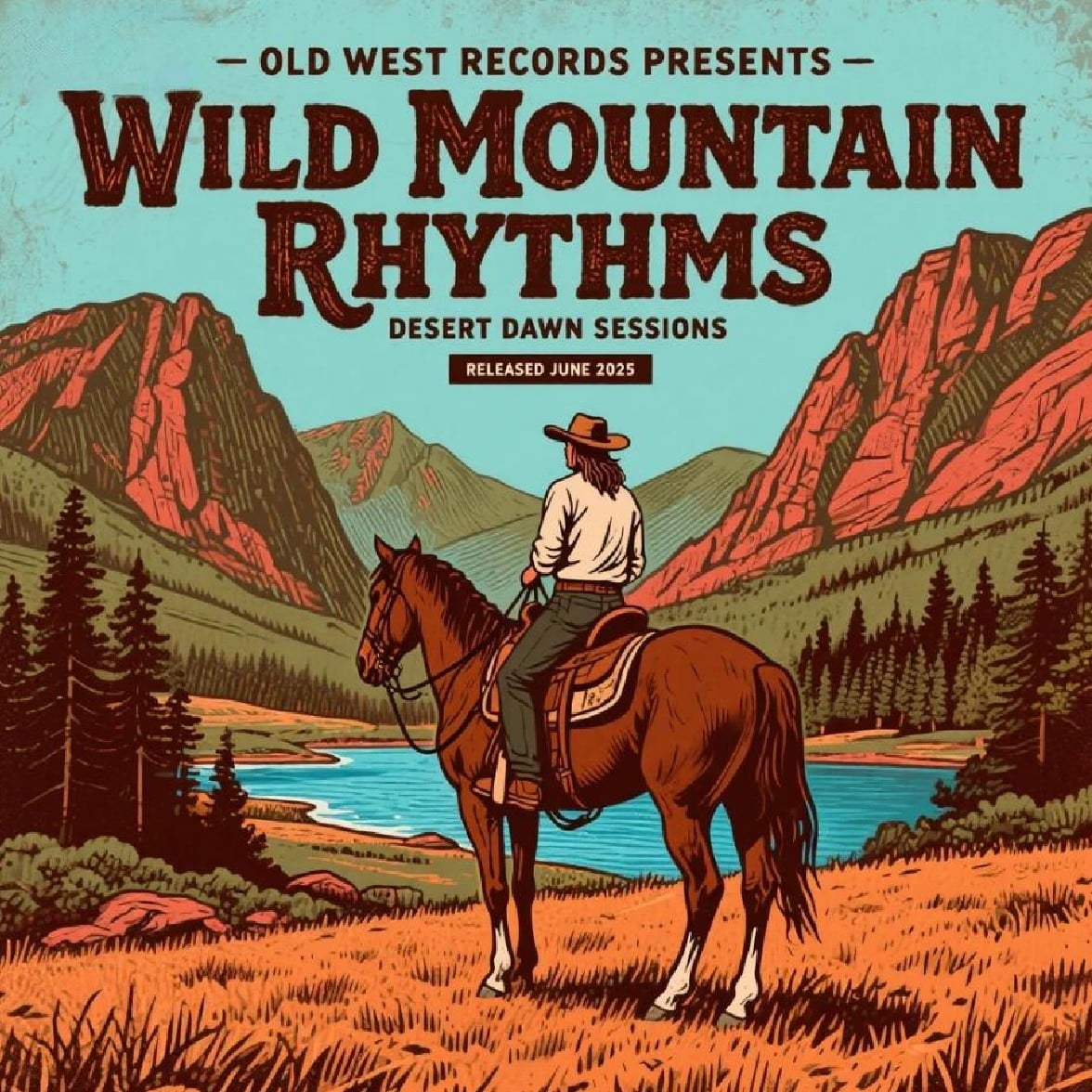 Vintage woodcut engraving style Western country album cover