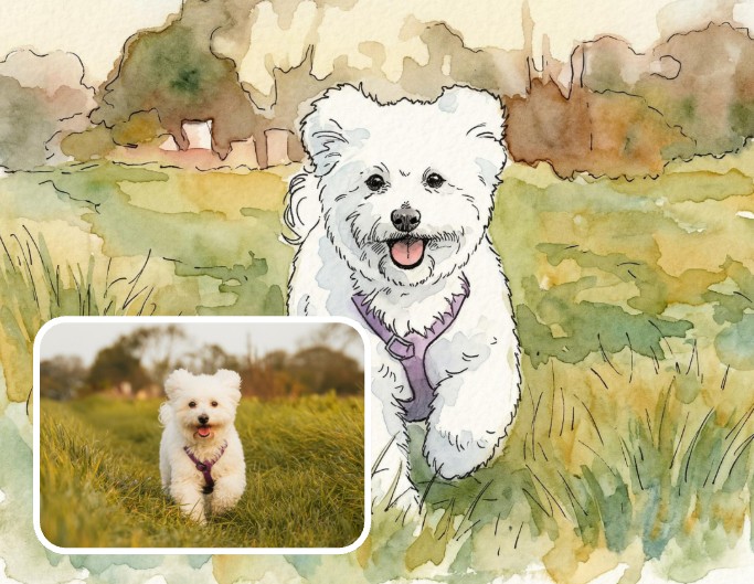 Watercolor style dog photo