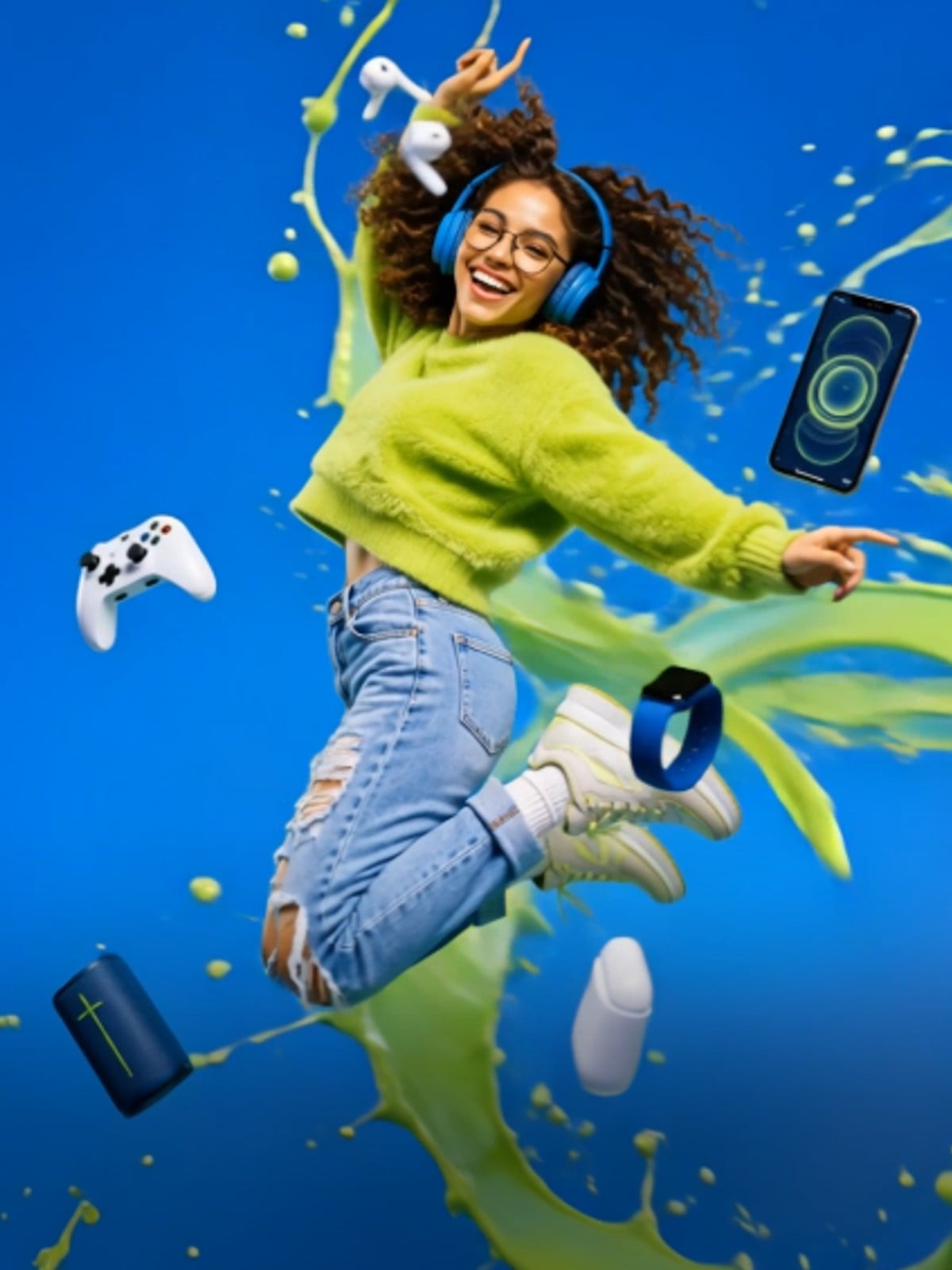 Woman with curly hair wearing blue headphones jumping with tech gadgets in blue splash generated by Midjourney