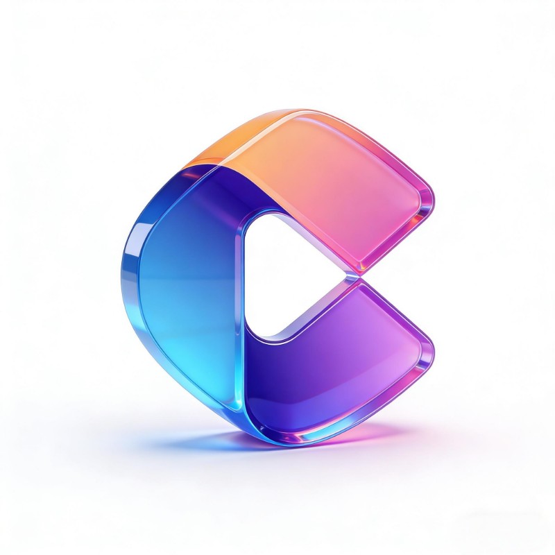 A 3 D logo design featuring a colorful gradient glass material in the shape of the letter c