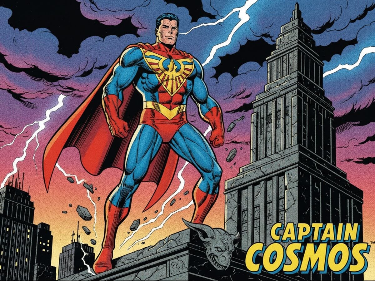 A classic American comic book hero style with bold ink outlines