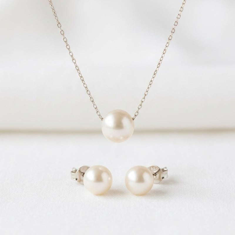 A minimal product image of pearl stud earrings or a simple pearl necklace with smooth round pearls on a clean white background