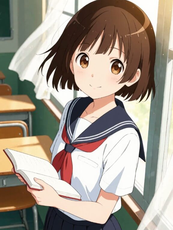 학교를 배경으로 한 애니메이션 소녀 이미지
