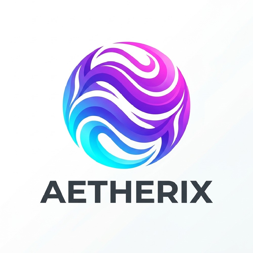 Abstract gradient wave sphere logo with bold sans serif aetherix text on white background